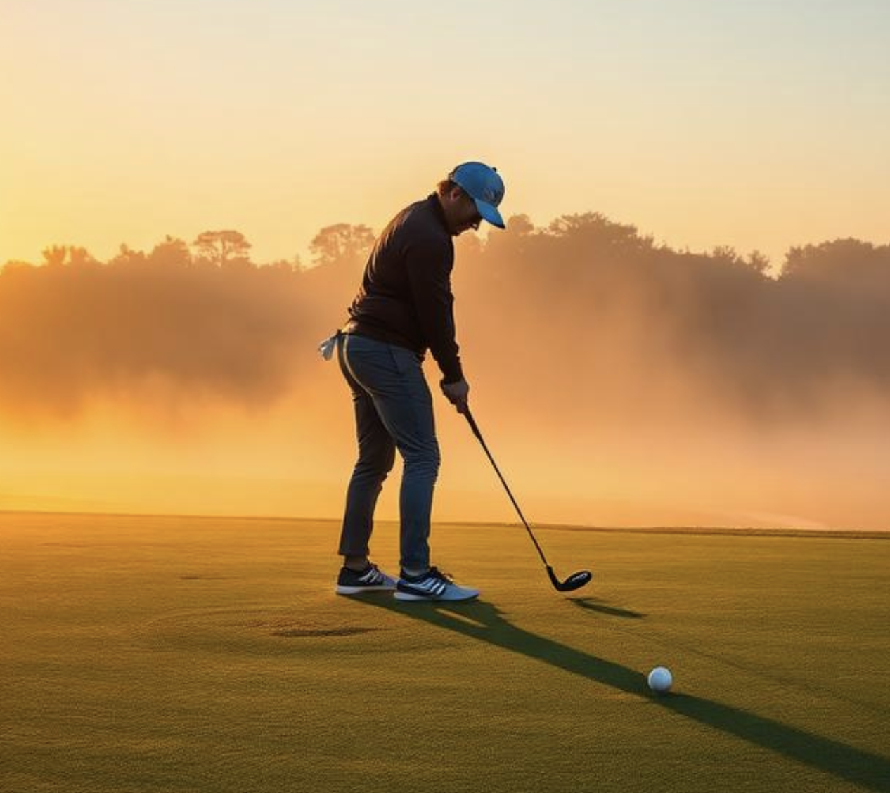 Golfer at the top of the backswing on a fairway at sunset